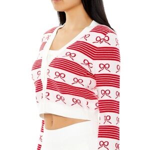 Forever 21 Coquette Striped Bow Ivory Red Knit Cardigan Sweater Size Medium